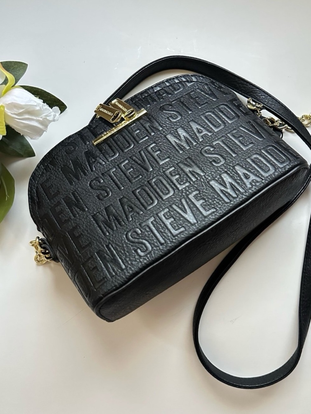 NWT Steve Madden Black Embossed Logo Crossbody Bag